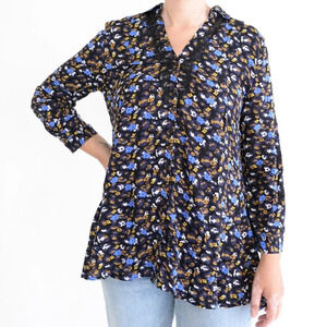 Anthropolgie 11.1.Tylho Namura Black Blue Floral Button  Front Tunic Prairie S